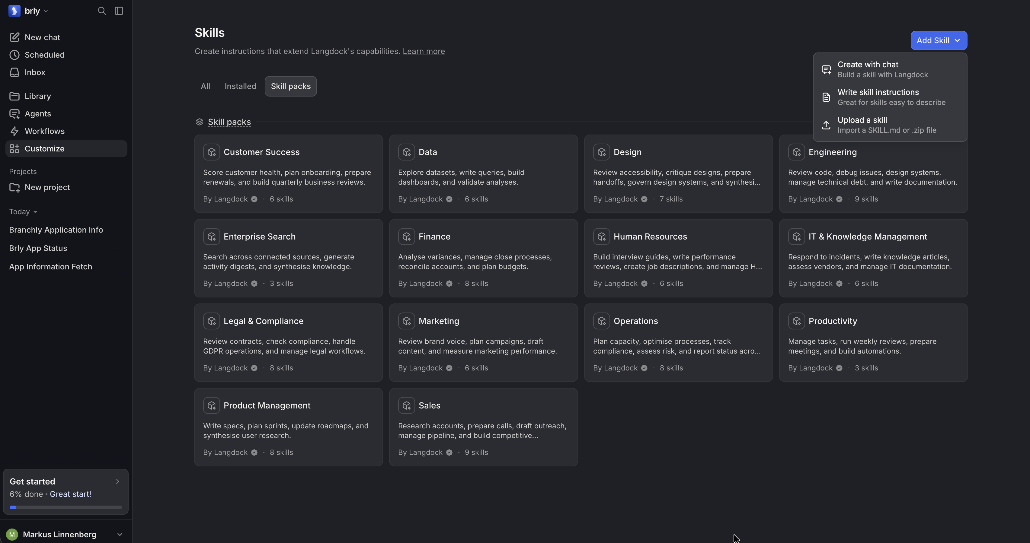 Langdock Skills overview for adding custom workflows